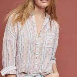 Anthropologie  Maeve Breckinridge  Red Blue Striped Button Down Shirt  Medium